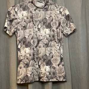 Vintage Express semi sheer mock neck stretchy floral shirt
